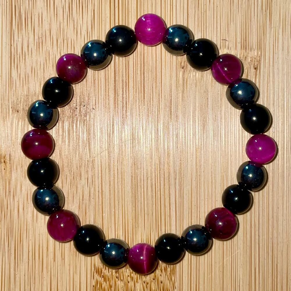 Triple Protection Obsidian, Hematite & Pink Tiger Eye Stone Bracelet ~ 7โ Unisex